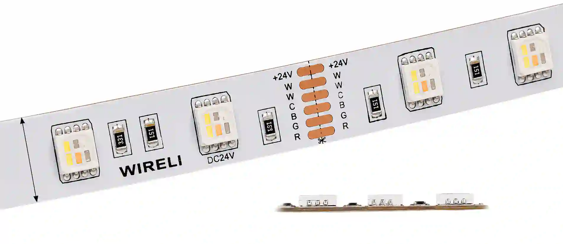 Detail LED pásku RGBCCT s čipy 5050 SMD hustota 60 LED na metr rozteč 16,67 mm dvouvrstvý měděný PCB